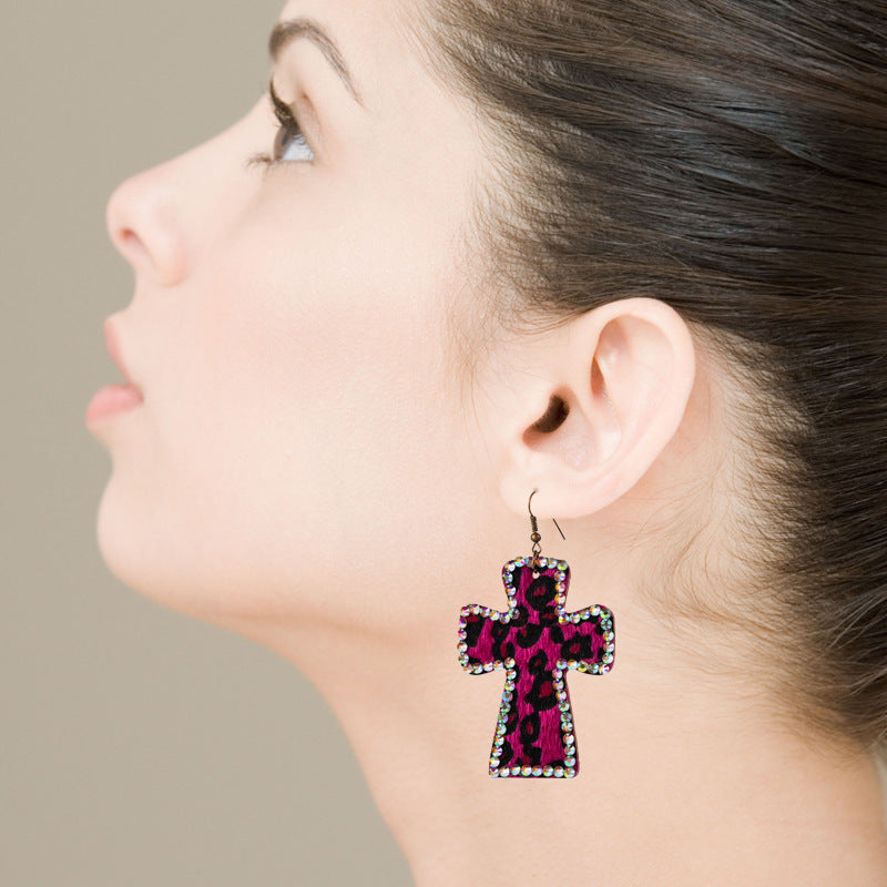 Wholesale Handmade Personalized Exaggerated Cross Genuine Leather Leopard Print Earrings